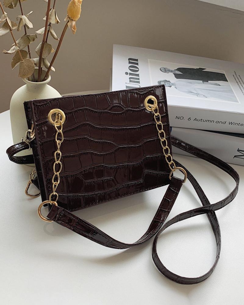 

Chain Strap Crocodile Square Crossbody Bag, Coffee