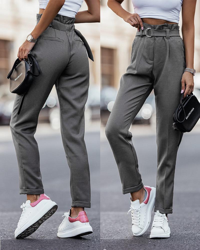 

Plaid Print High Waist Belted Work Pants, Gray