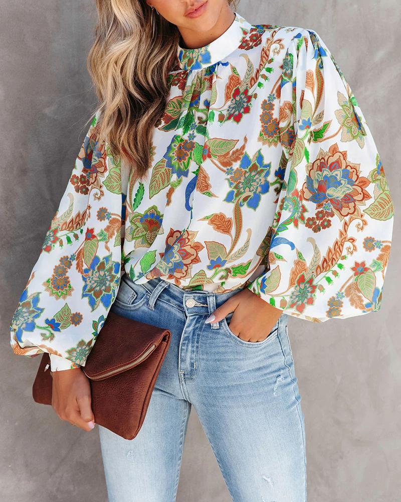 

Plants Print Lantern Sleeve Top, White