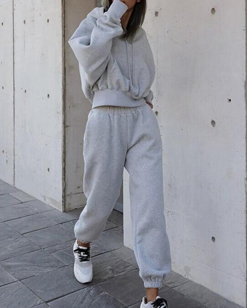 

Plain Pocket Design Long Sleeve Hoodie & High Waist Pants Set, Gray