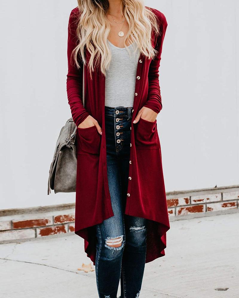 

Long Sleeve Button Front High Low Hem Cardigan, Wine red