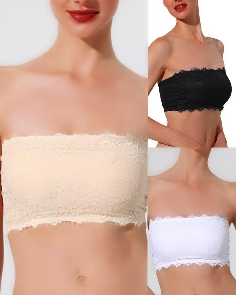 

Plain Contrast Lace Strapless Bra, Apricot