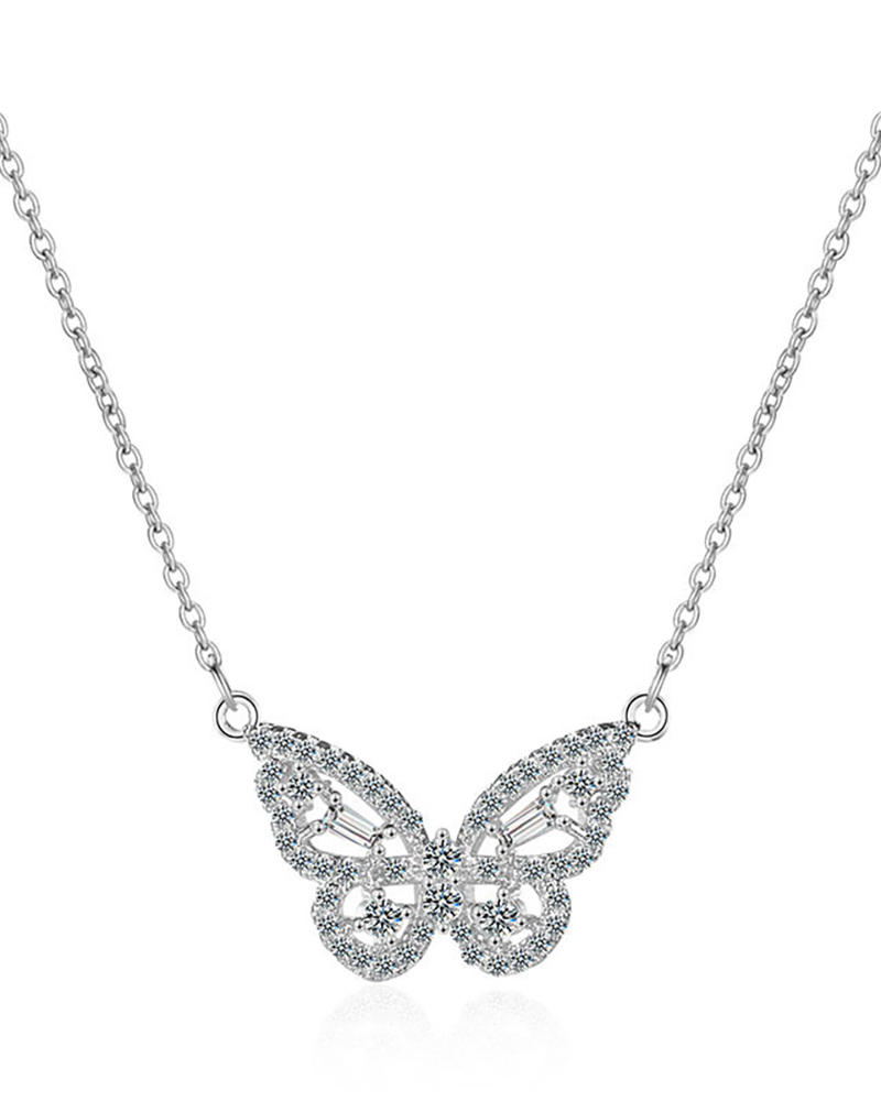 

Butterfly Pendant Rhinestone Decor Necklace, Silver