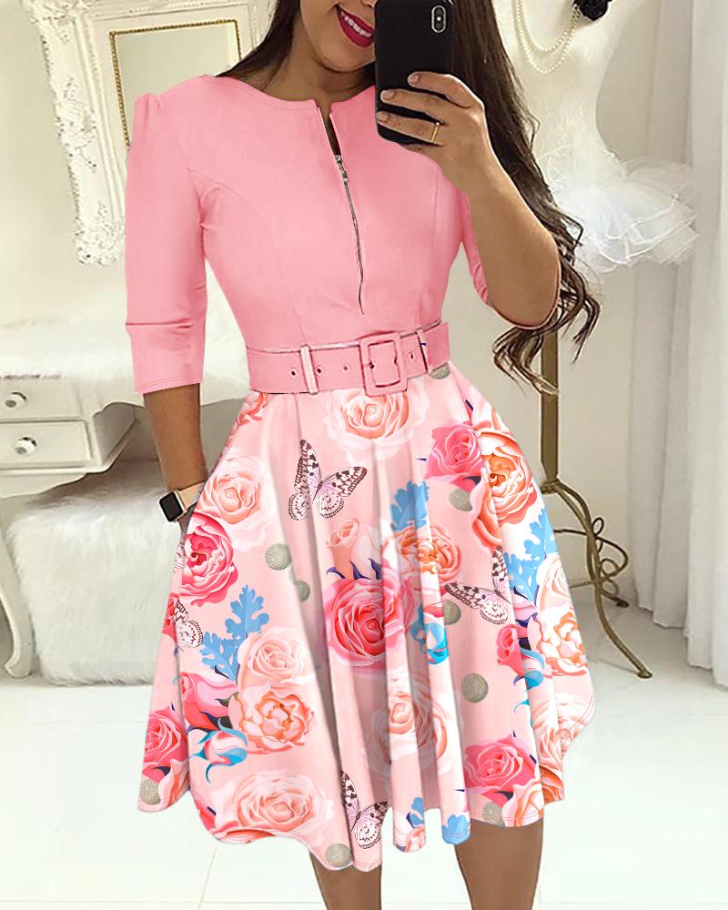 

Floral Print Colorblock Zipper Design Casual Dress, Pink