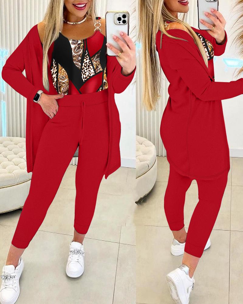 

Baroque Leopard Print Chain Decor Tank Top & Pants Set With Coat, Red