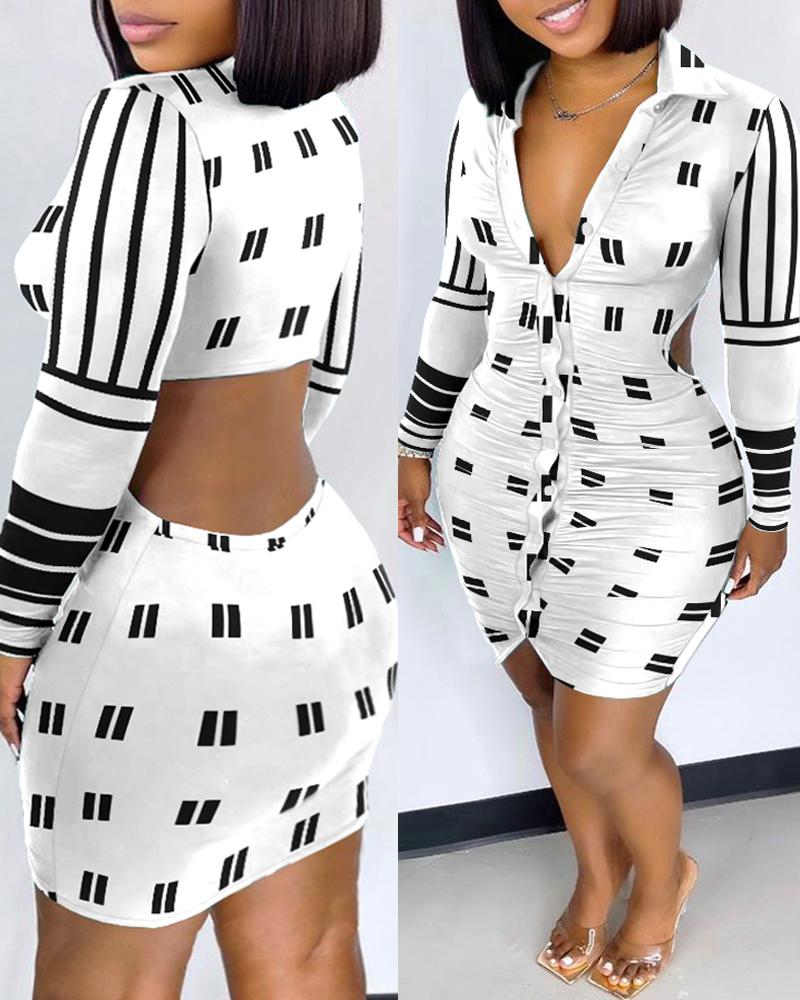 

Plus Size Geometric Print Cutout Back Ruched Shirt Dress, Blackwhite