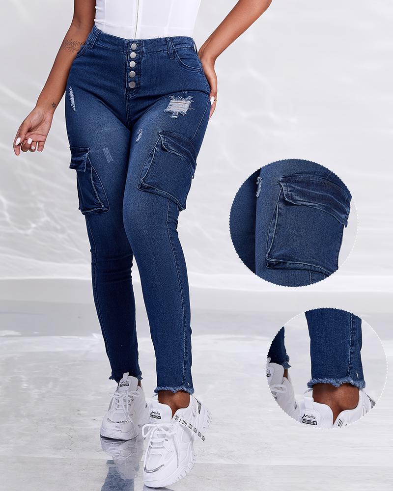 

Button Pocket Design Ripped Raw Hem Skinny Jeans, Blue