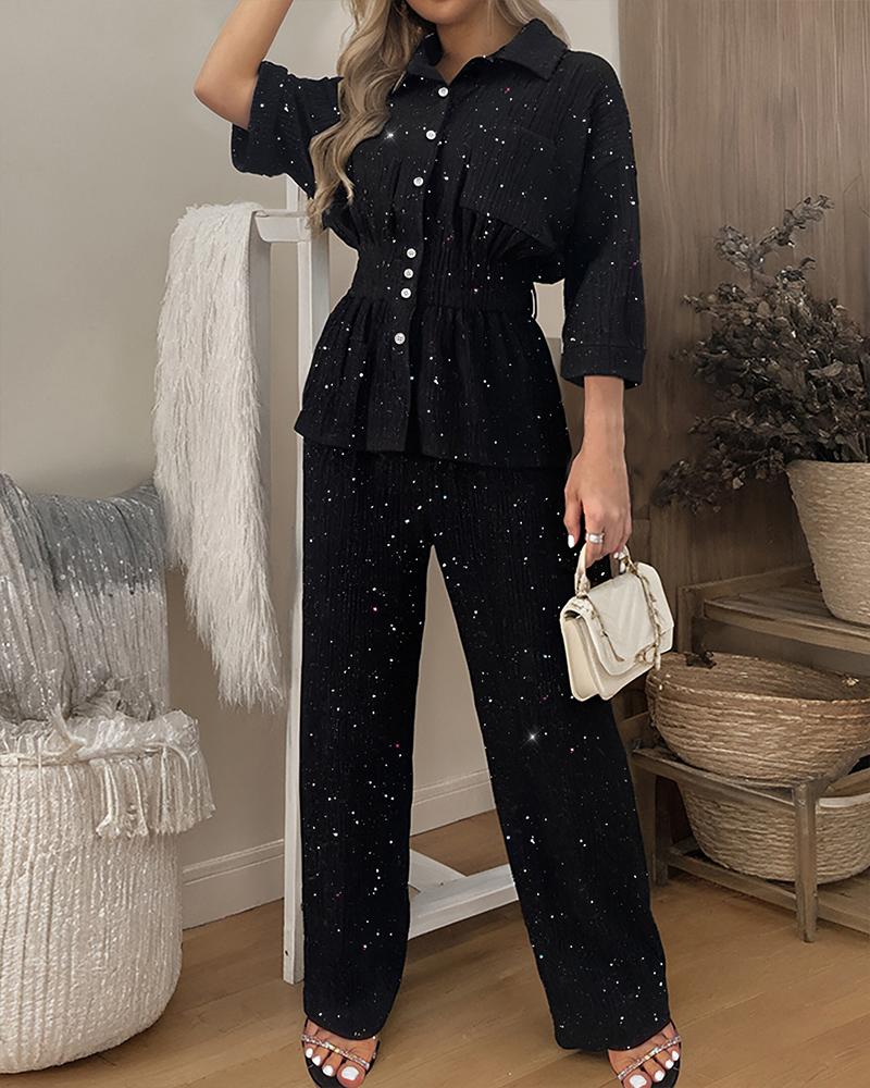 

2 Pieces Glitter Stand Collar Three Quarters Sleeve Button Front Blouse and Casual Loose Fit Pants Set, Black
