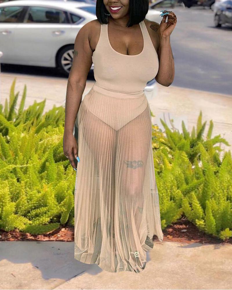

Solid Color Sleeveless Tank Top With See-through Mesh Skirt Skirt Sets, Apricot