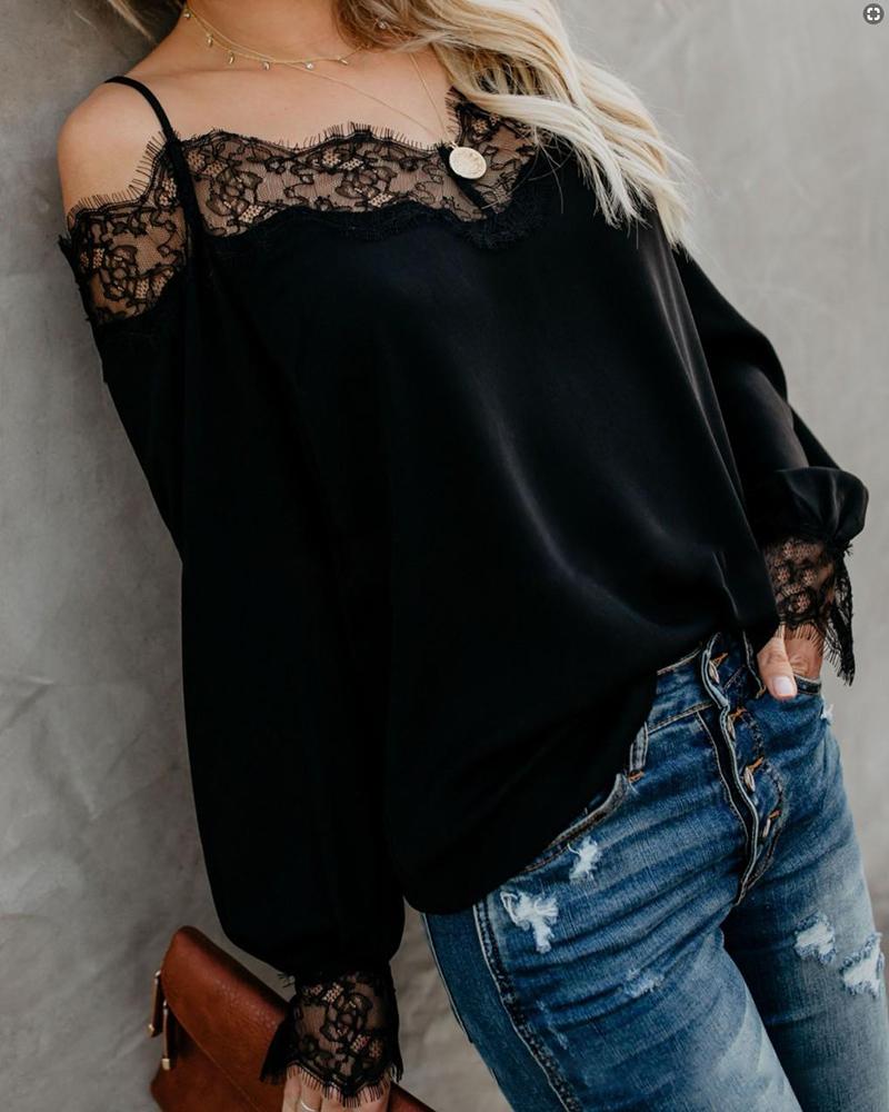 

Cold Shoulder Lace Splicing chiffon Women blouses, Black