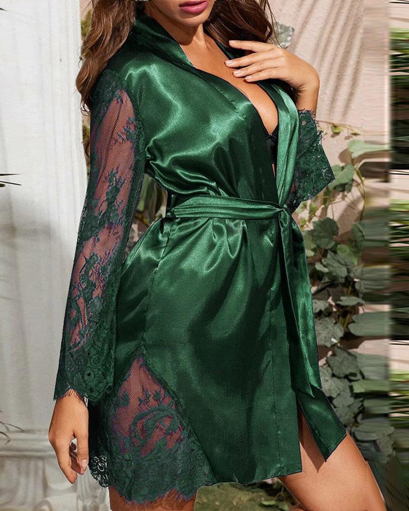 

Contrast Lace Long Sleeve Belted Satin Robe, Green