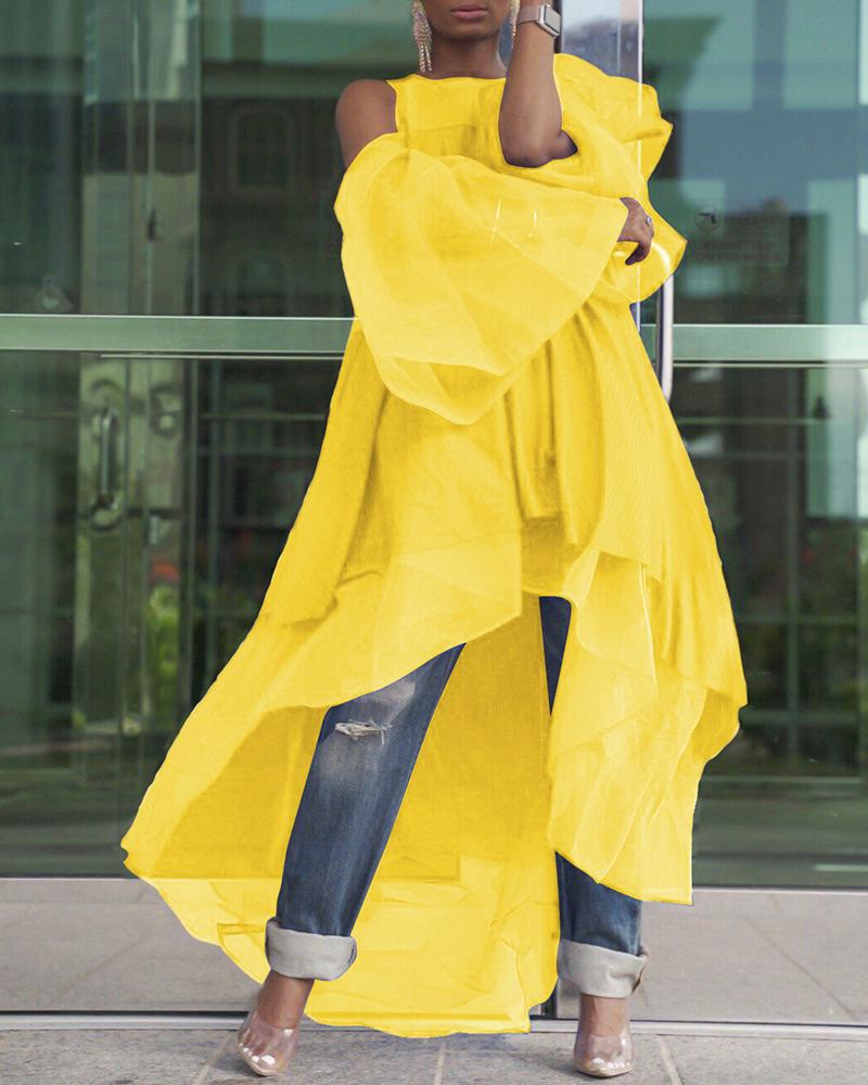 

Solid Cold Shoulder Bell Sleeve Dip Hem Dress, Yellow