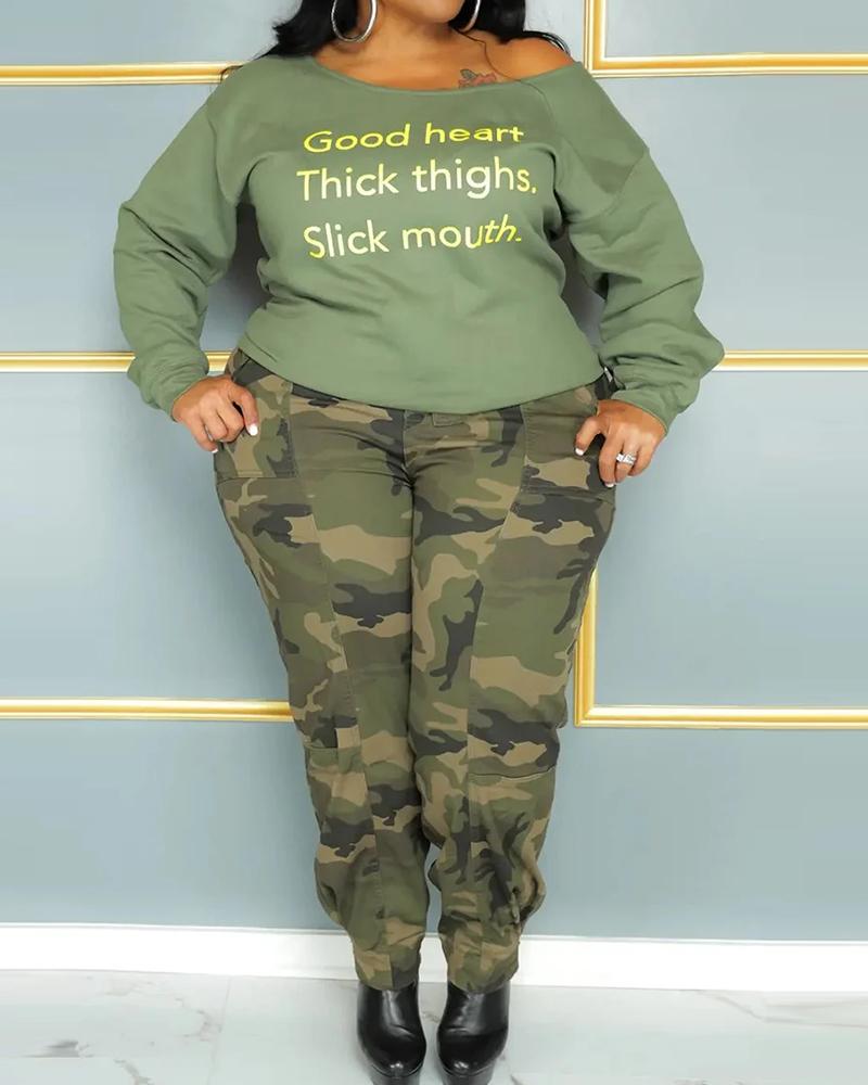 

Plus Size Good Heart Thick Thighs Slick Mouth Print Skew Neck Sweatshirt, Green