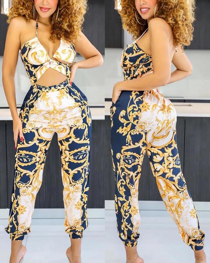 

Baroque Print Halter Cutout Jumpsuit, Gold