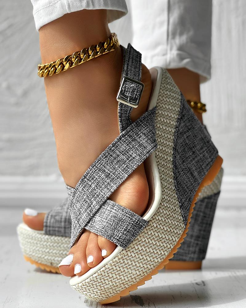 

Sandalias de cuña de mezclilla con tira trasera cruzada y peep toe, Gray