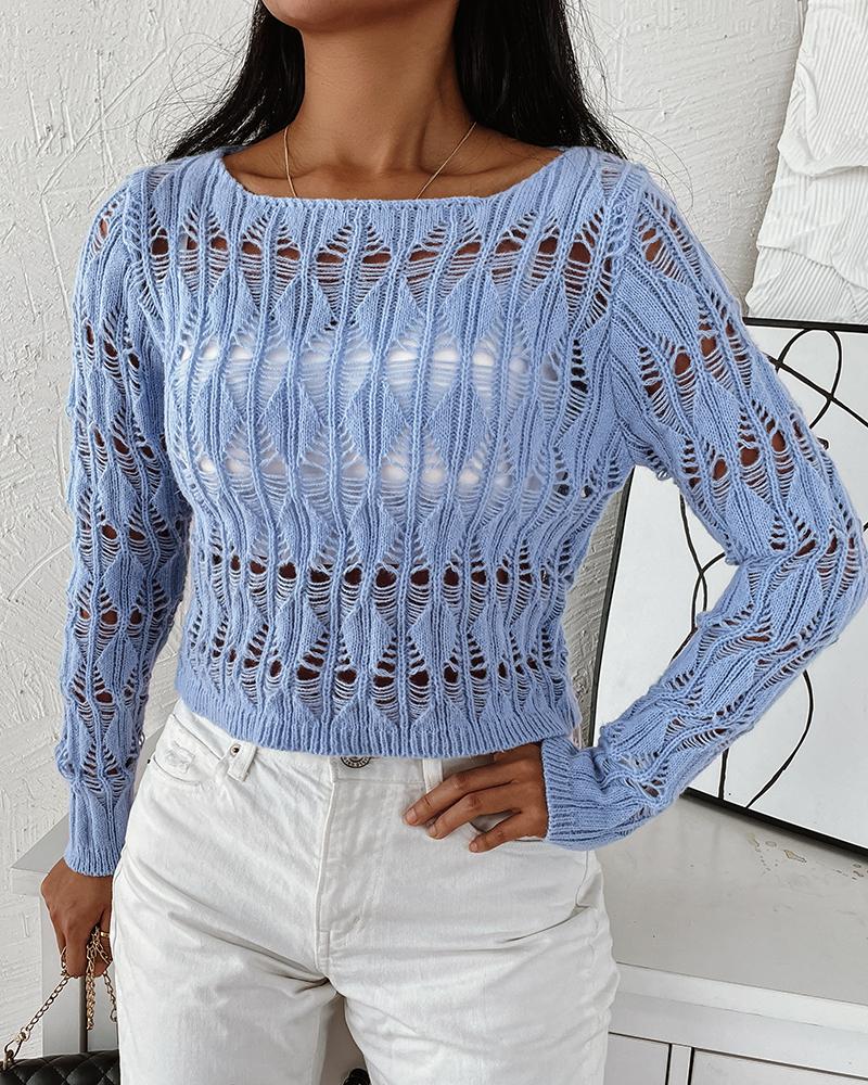 

Hollow Out Long Sleeve Sweater, Blue