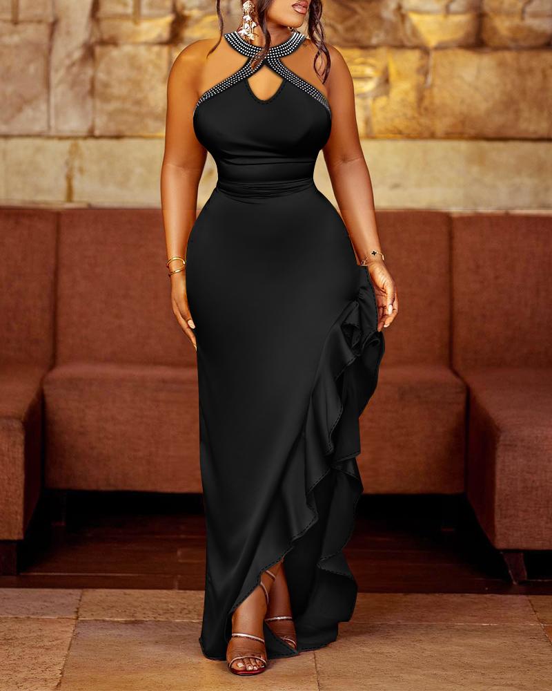 

Rhinestone Halter Ruffles Slit Backless Party Dress, Black