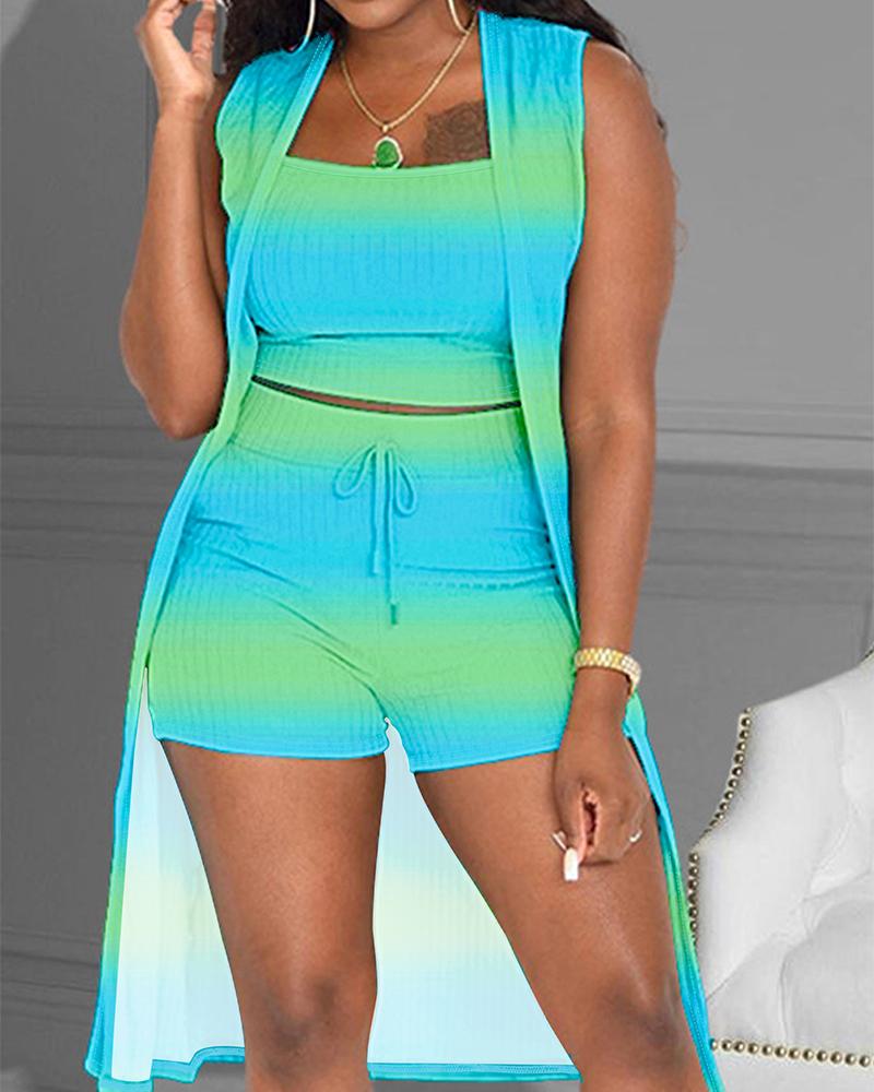 

3PCS Ombre Ribbed Crop Tank Top & Shorts Set With Vest Coat, Green