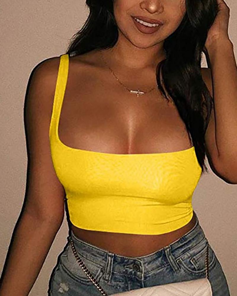 

U-Neck Spaghetti Strap Solid Crop Women Top, Yellow