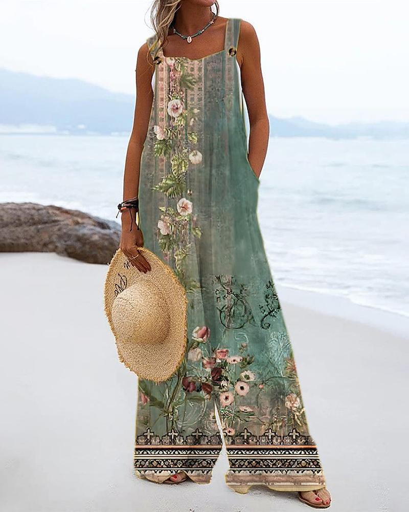 

Floral Tribal Print Wide Leg Suspender Jumpsuit, Green