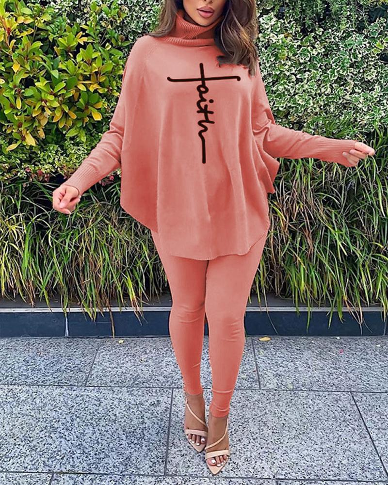 

Plus Size Letter Print Batwing Sleeve Top & Pants Set, Pink
