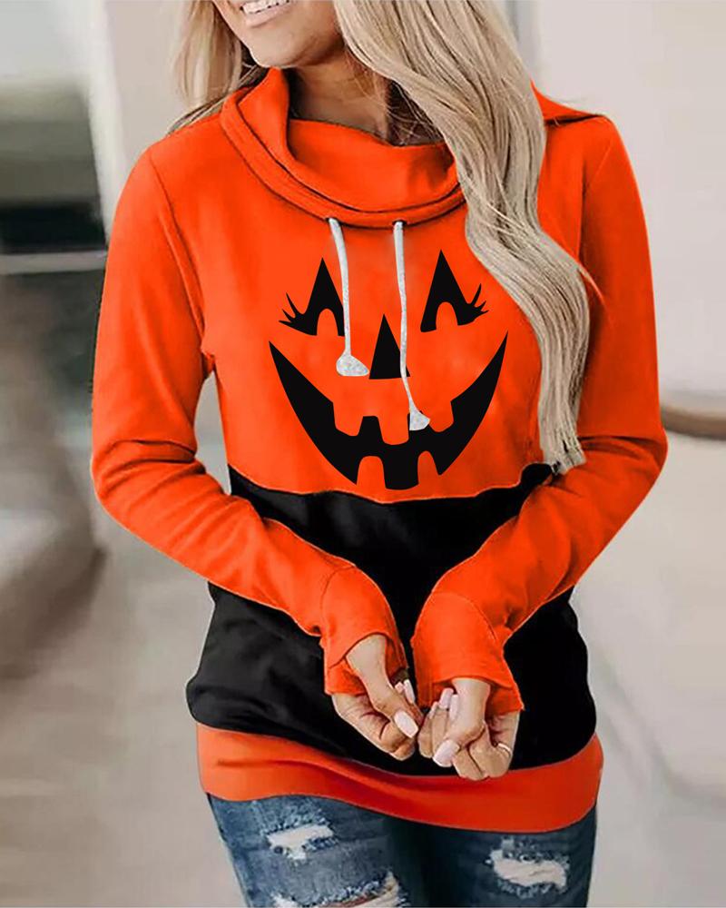

Halloween Graphic Print Colorblock Hoodie, Orange