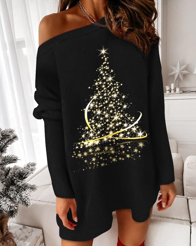 Christmas Tree Print Long Sleeve Casual Dress