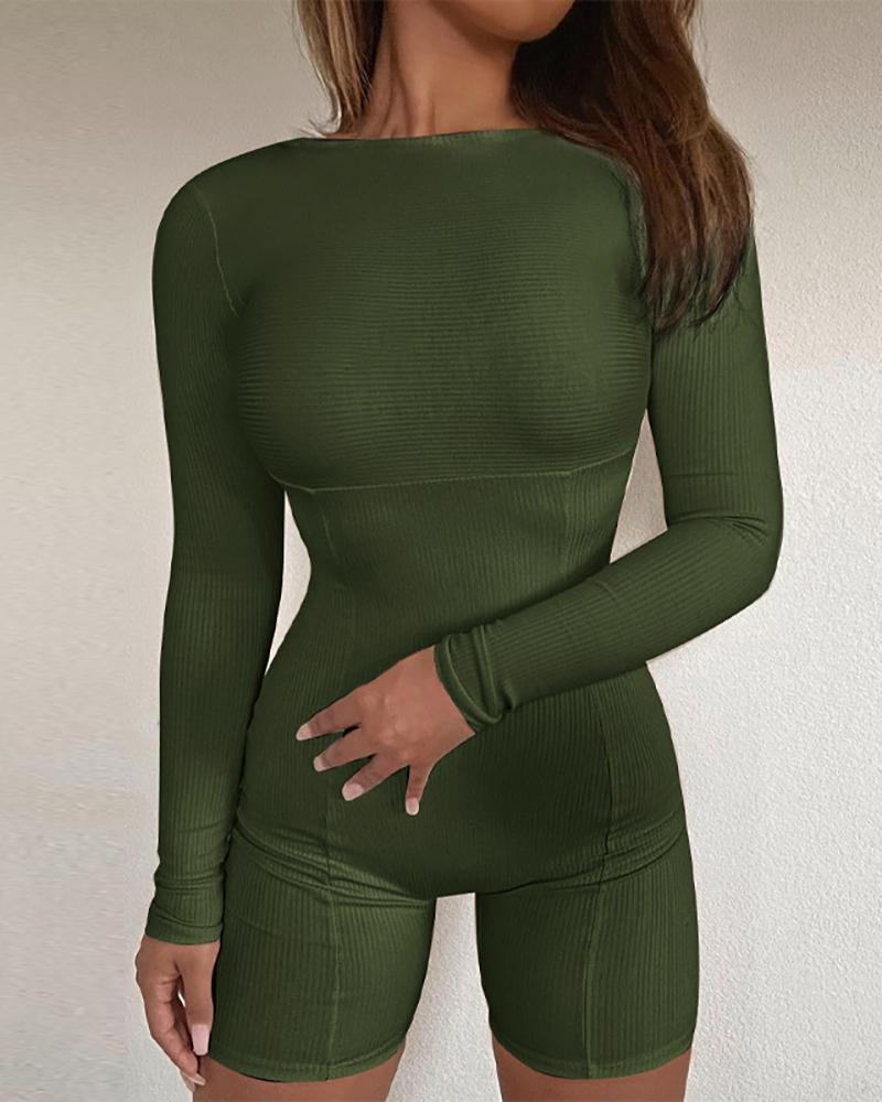 

O Neck Long Sleeve Knit Skinny Romper, Green