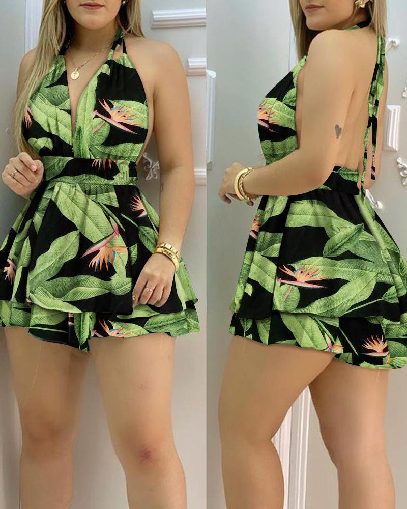 

Tropical Print Halter Backless Romper, Green