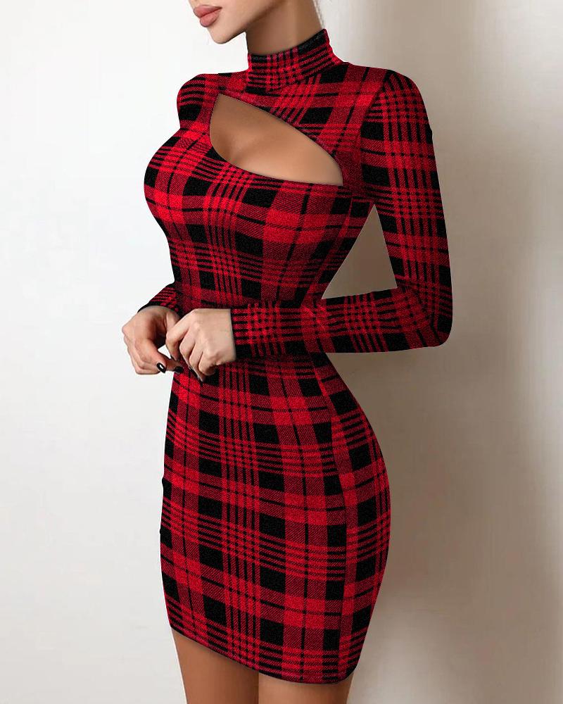 

Plaid Print Cutout Front Long Sleeve Bodycon Dress, Red