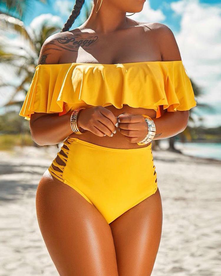 

Off Shoulder Ruffles Lace-up Cutout Bikini Set, Yellow