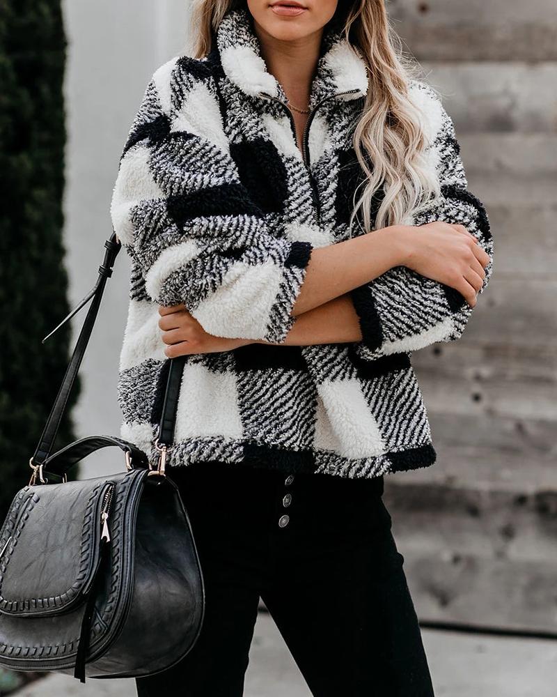 

Zipper Design Long Sleeve Plaid Teddy Coat, Black