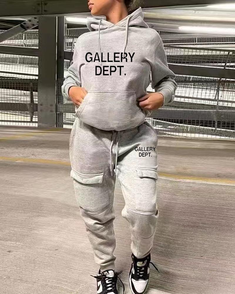 

Letter Print Long Sleeve Casual Hoodie & Pants Set, Gray