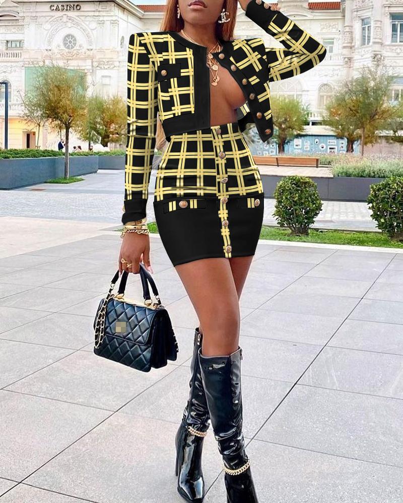 

Plaid Print Colorblock Tweed Coat & Buttoned Skirt Set, Black