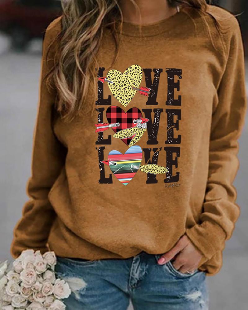 

Valentine' Day Heart Graphic Cheetah Plaid Print Sweatshirt, Brown