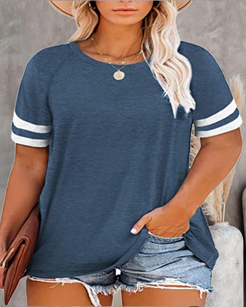 

Plus Size Contrast Paneled Short Sleeve Casual T-shirt, Blue