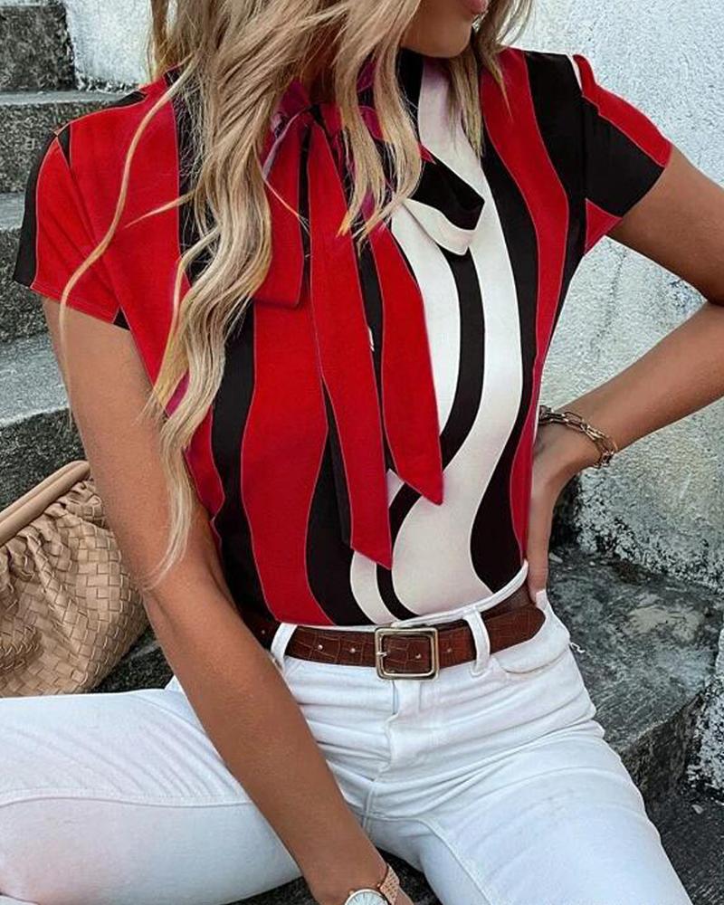 

Abstract Print Tie Neck Casual Blouse, Red