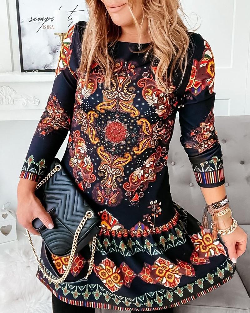 

Ruffles Long Sleeve Floral Print Dress, Black