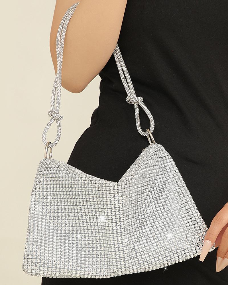 

Allover Rhinestone Zipper Design Evening Shoulder Bag, Silver