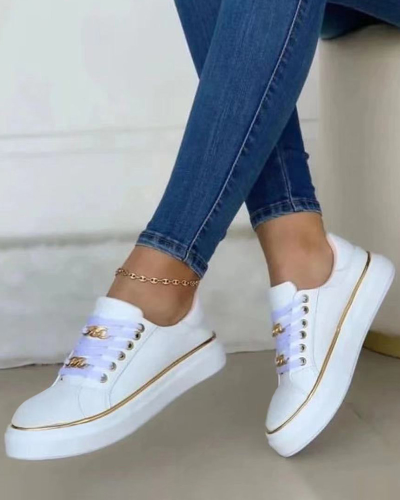 

Chain Decor Lace-up Platform Casual Sports Sneakers, White