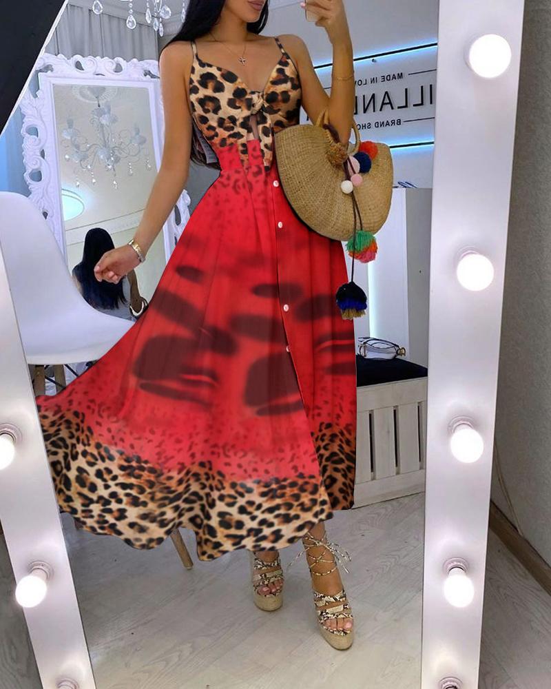 

Cheetah Print Colorblock Tie Front Maxi Dress, Red