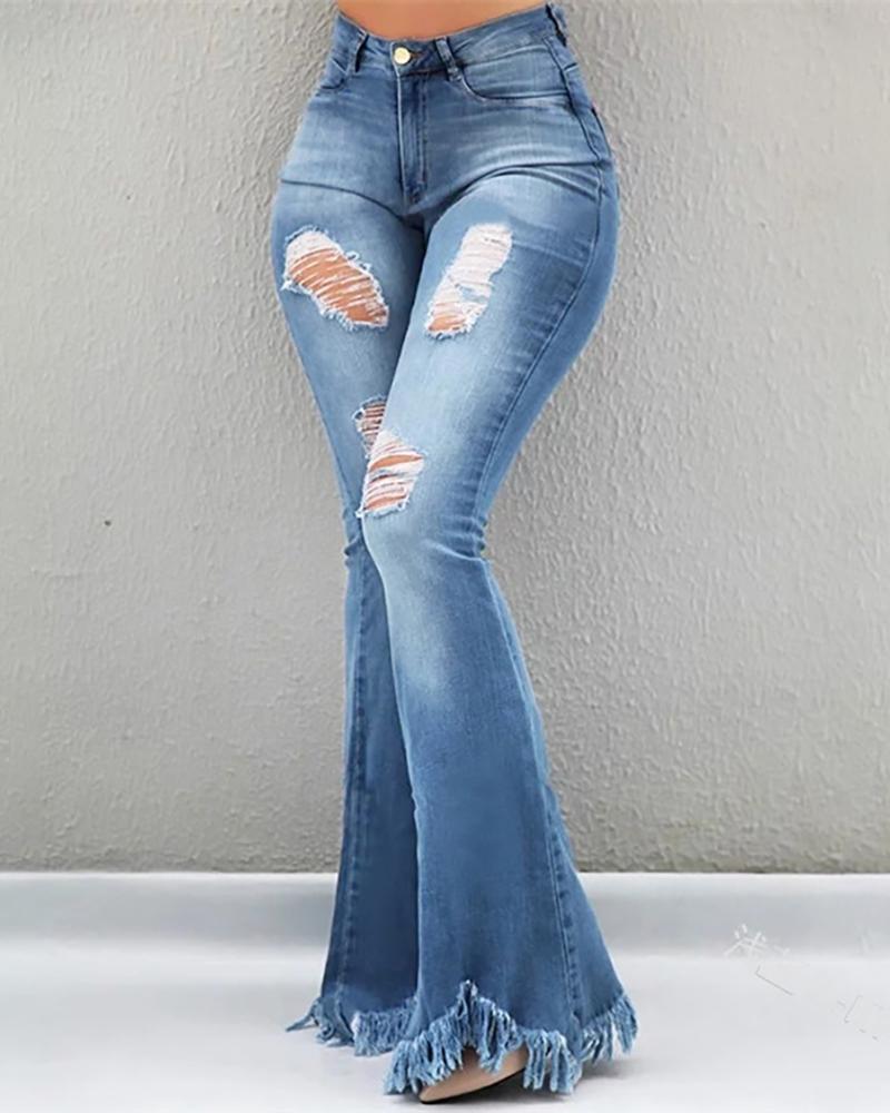 

High Waist Bell-Bottom Distressed Tassel Jeans, Blue