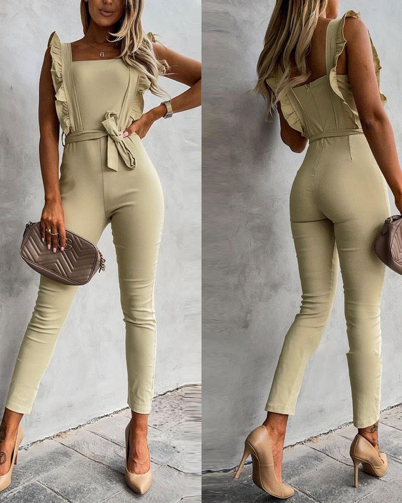 

Ruffle Hem Skinny Jumpsuit With Belt, Apricot