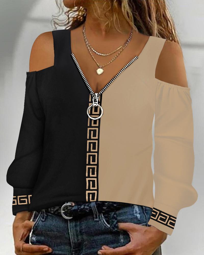 

Geometric Print Cold Shoulder Top, Khaki