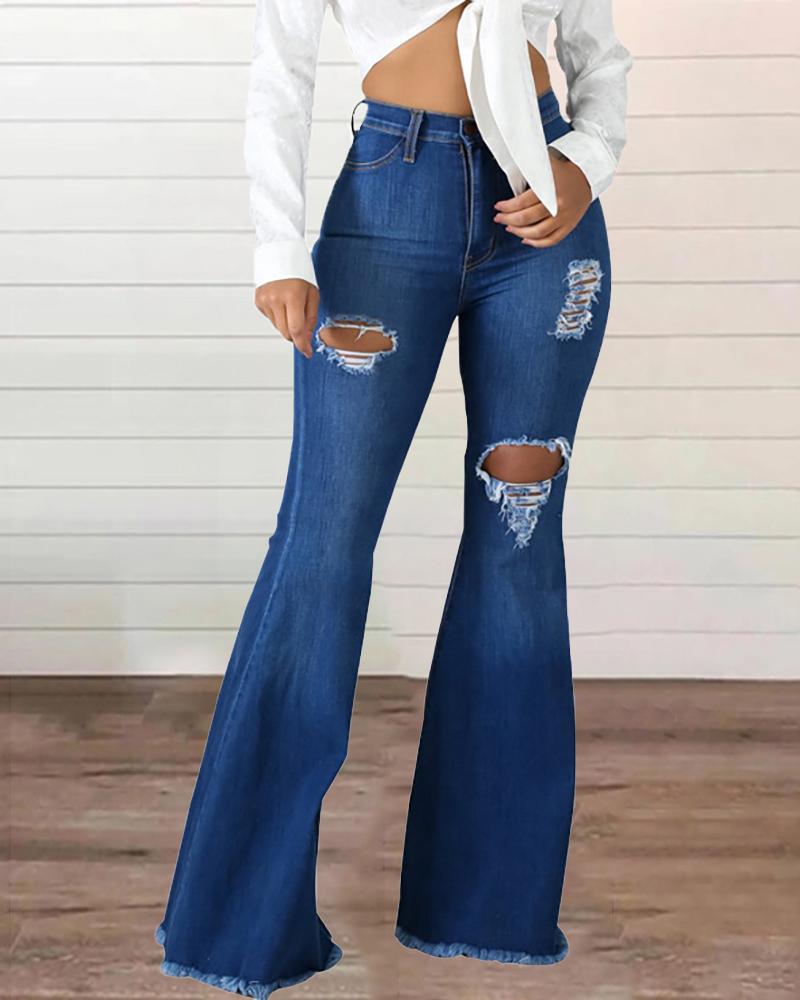 

Ripped Cutout Fringe Hem Bootcut Jeans, Blue