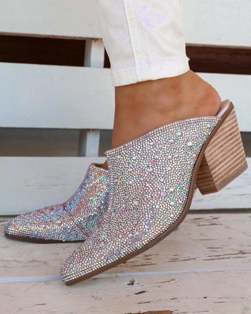 Zapatos de boda de tacón grueso con diamantes de imitación por toda la prenda