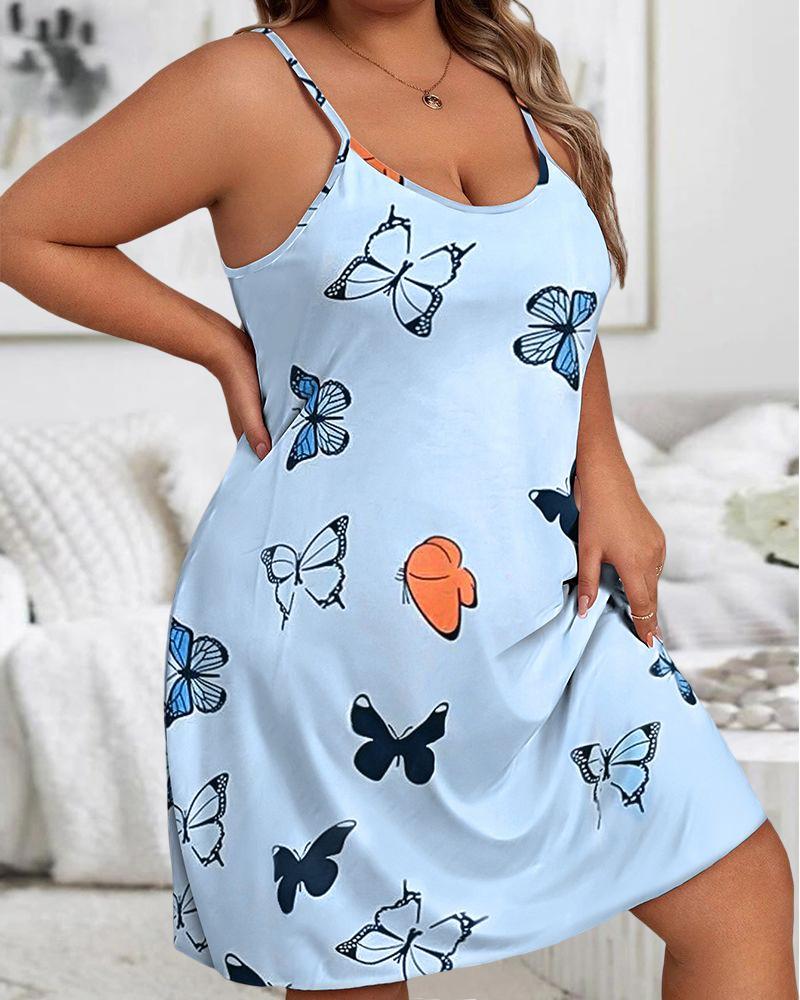 

Plus Size Butterfly Print Scoop Neck Sleep Dress, Blue