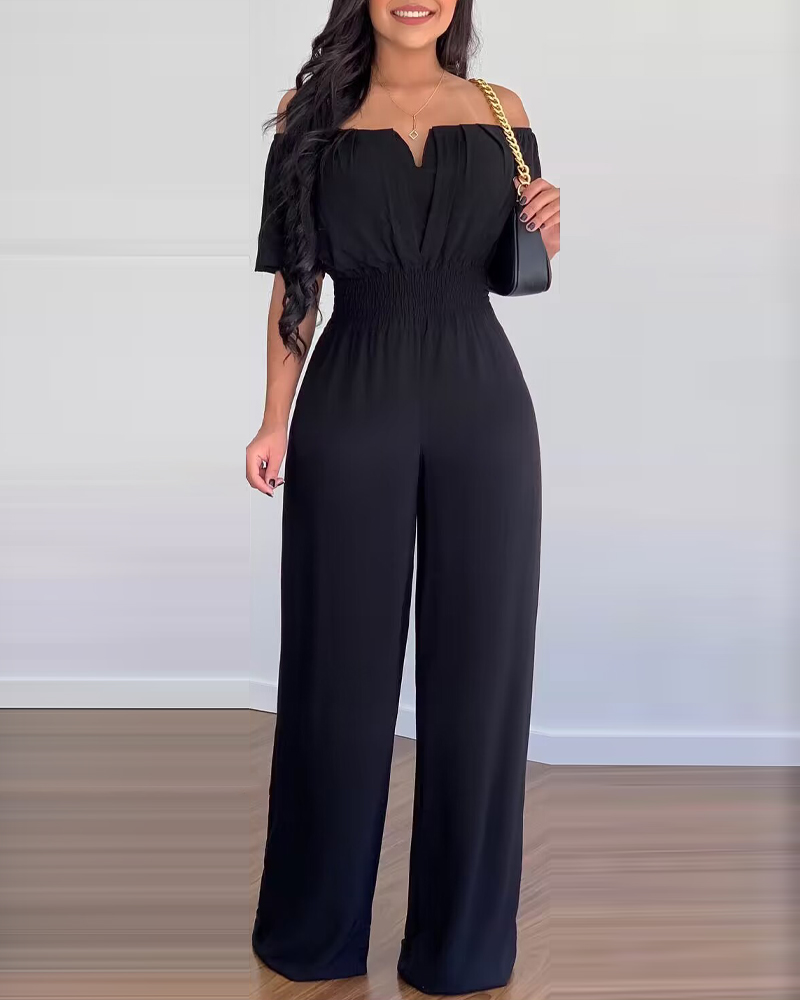 

Off Shoulder Shirred Waist Jumpsuit, Black