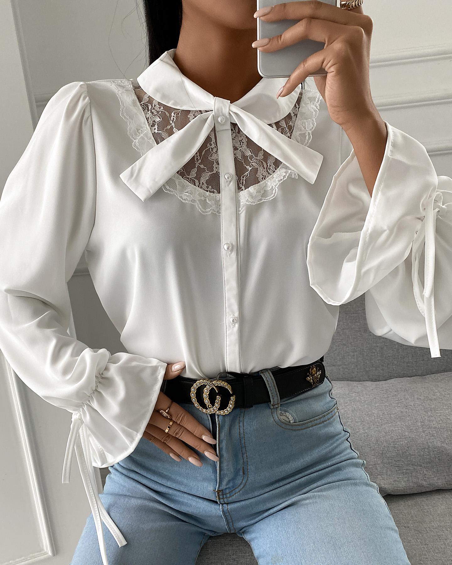 

Lace Patchwork Long Sleeve Tie Up Chiffon Top, White