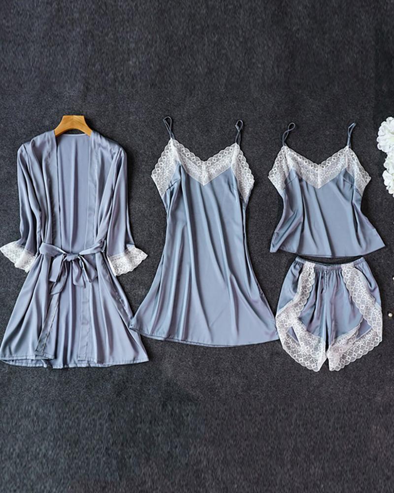 

Lace Patch Nightgown & Cami Set With Robe, Sky blue